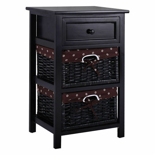 3 Tier Set of 2 Wood Nightstand with 1 and 2 Drawer